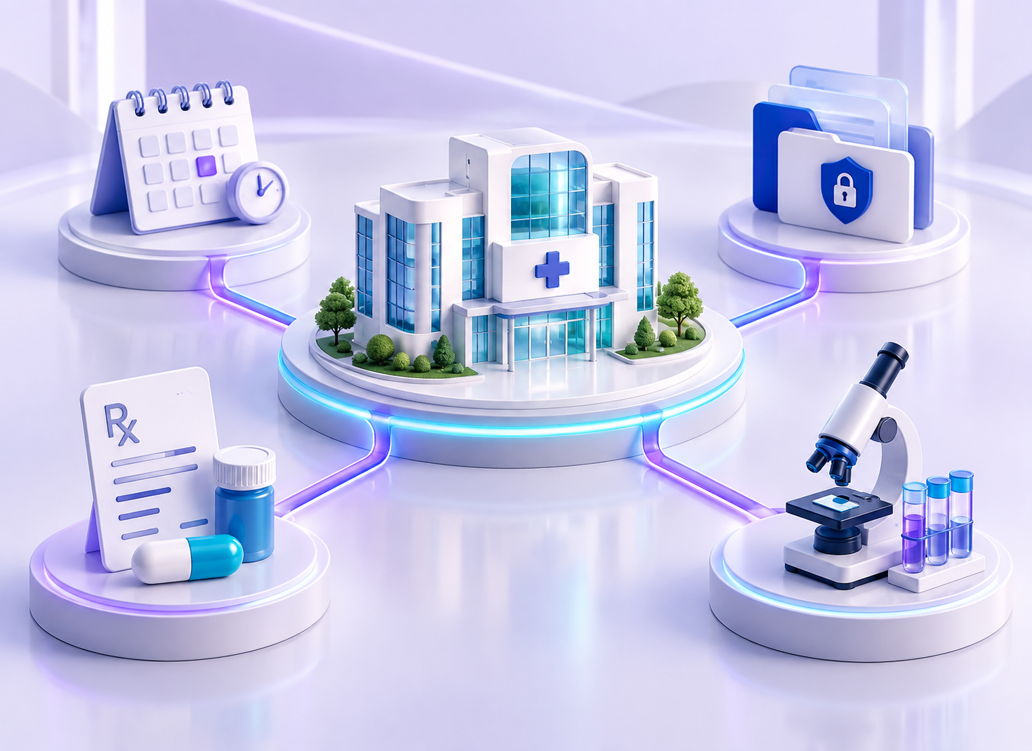 MediWalkers healthcare platform: a hospital connected to appointment scheduling, secure records, pharmacy, and diagnostics